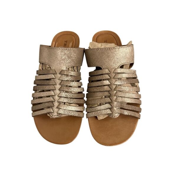 Trask Sandra Sandals sz 7 slip-on metallic gold comfy hand woven strap leather c - Picture 3 of 7